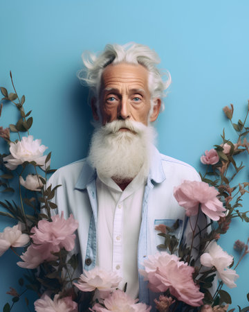 old man with long white beard and mustache in shirt with flowers on blue backgroundの素材