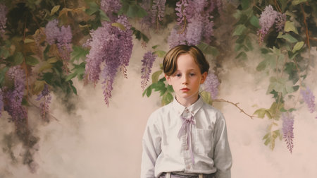 Portrait of a little boy with wisteria flowers around himの素材