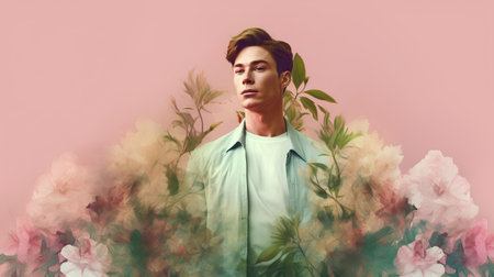 Young handsome man with flowers on a pink background. Spring concept.の素材