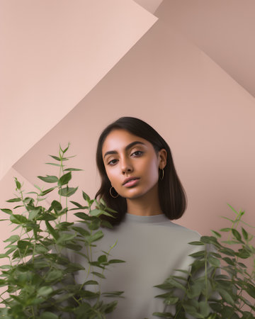 beautiful african american woman looking at camera and posing with green plantsの素材
