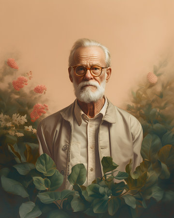 Portrait of a handsome senior man with flowers. Vintage style.の素材