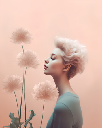 Beautiful blond woman with flowers in her hair. 3d renderingの素材