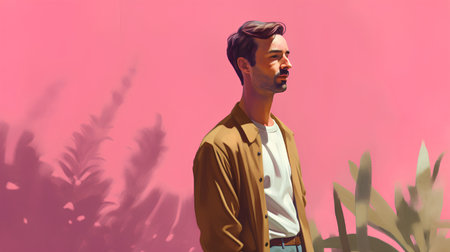 Young handsome man in casual clothes looking away while standing against pink backgroundの素材