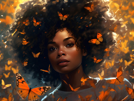 Beautiful african american woman with butterflies in her hair.の素材