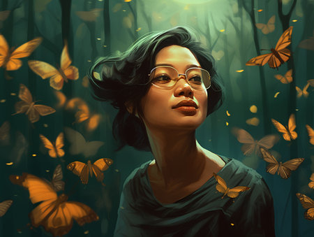Portrait of a beautiful young woman with glasses and butterfly in the forestの素材