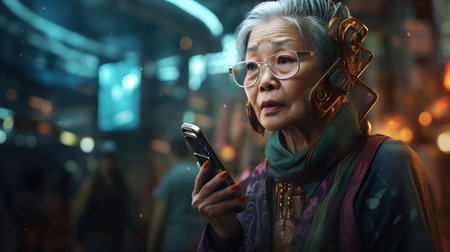 Asian senior woman using mobile phone in the city at night time.の素材