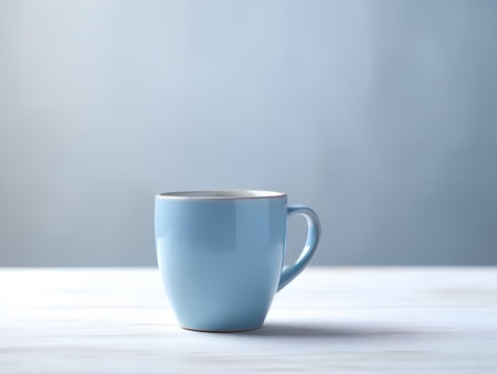 Blue cup of coffee on wooden table and gray background. 3d renderの素材