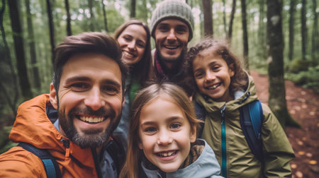 Portrait of a happy family standing in the forest and looking at camera.の素材