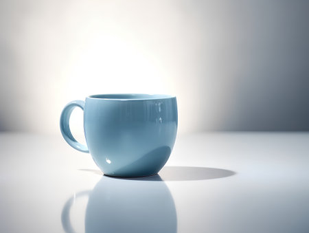 Blue cup of coffee on a white background. 3d rendering.の素材