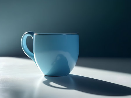 Blue cup of coffee on the table in the morning light. 3d renderingの素材