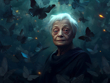 Portrait of an old woman in a dark forest with butterflies.の素材