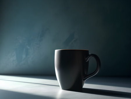 Black cup of coffee on a dark background. 3d rendering.の素材