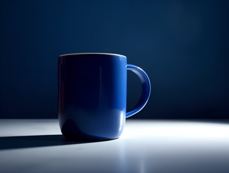 Blue cup of coffee on a blue background. 3D rendering.の素材