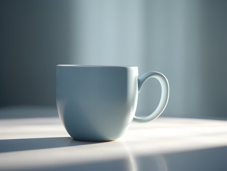 Coffee cup on the table in the morning light. 3d renderingの素材