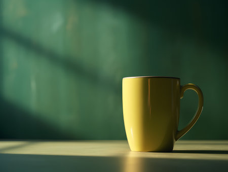 Yellow cup of coffee on a green background. 3d rendering.の素材