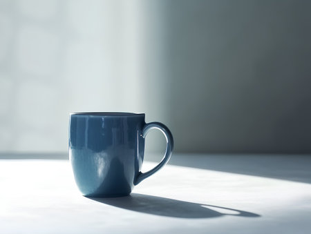Blue cup of coffee on the table in the morning sunlight. 3d renderingの素材