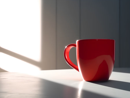Red cup of coffee on the windowsill. 3D rendering.の素材