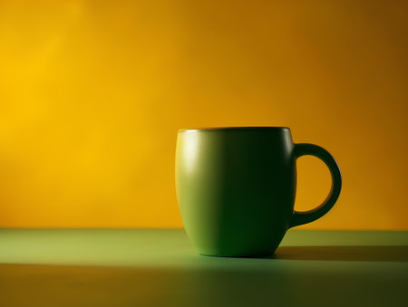 Green cup of coffee on yellow and green background with copy space.の素材