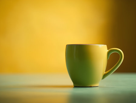 Green cup of coffee on a yellow background with a place for textの素材