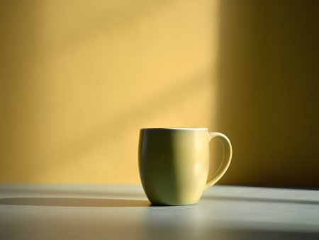Yellow cup of coffee on the table in the morning light. Copy space.の素材