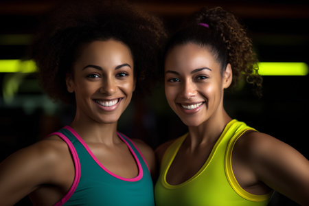 Portrait of two smiling african american women in fitness clubの素材
