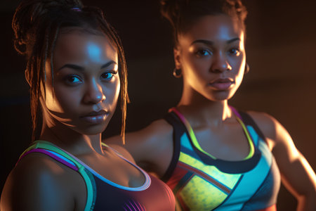 Portrait of two african american women in sportswear looking at cameraの素材