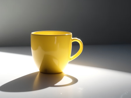 Yellow cup on a white background. 3d render. The shadow from the table.の素材