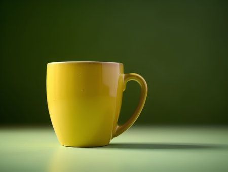 Yellow coffee cup on green background with copy space for your text.の素材
