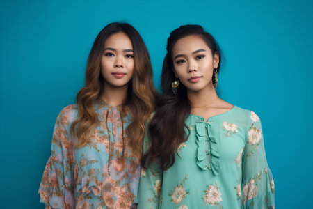 Two beautiful asian women wearing traditional thai dress on blue backgroundの素材