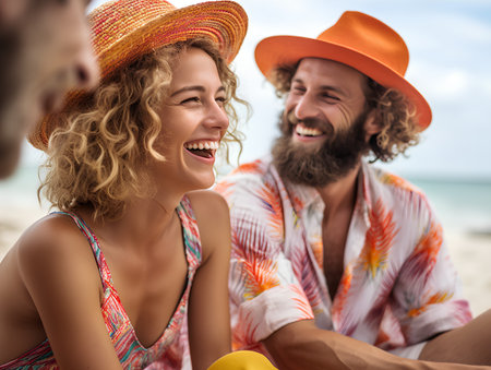 Happy young couple on the beach during summer vacation. Man and woman sitting on the sand.の素材