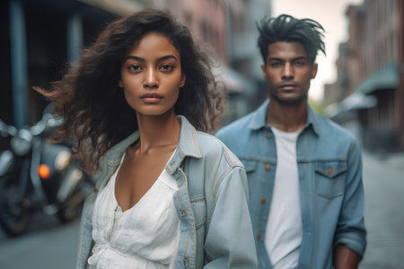 Portrait of a beautiful young African-American woman with curly hair and a handsome Caucasian man in a denim jacket on a city street.の素材
