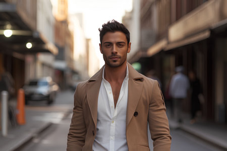 Portrait of a young handsome man in beige suit on the streetの素材
