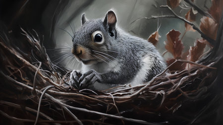Squirrel sitting in a nest of twigs and looking at the cameraの素材
