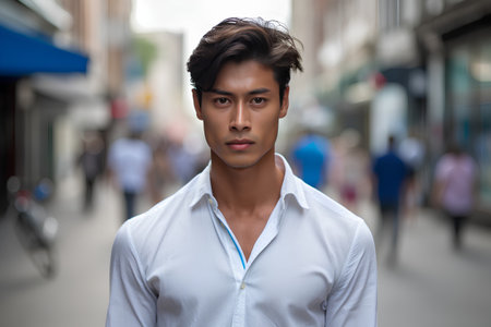 Portrait of a handsome young asian man in urban background.の素材