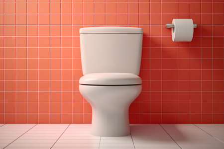 Toilet bowl in a modern bathroom. 3D rendering. Red tile wall.の素材