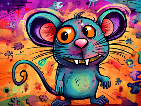 Illustration of a funny cartoon mouse on a colorful abstract background.の素材