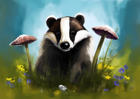 Digital painting of a badger in a meadow with flowers.の素材
