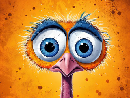 Funny ostrich face with big eyes on grunge orange backgroundの素材