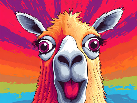 Portrait of funny llama on colorful background. Vector illustration.の素材