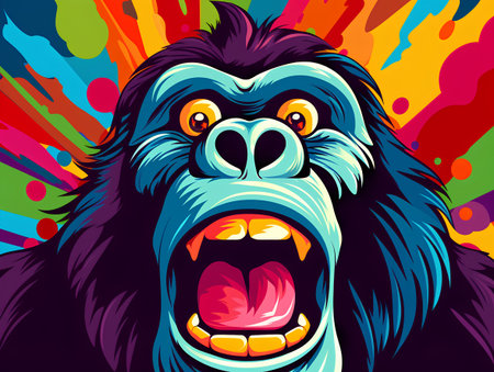 Angry gorilla on colorful background. Vector illustration of gorilla face.の素材