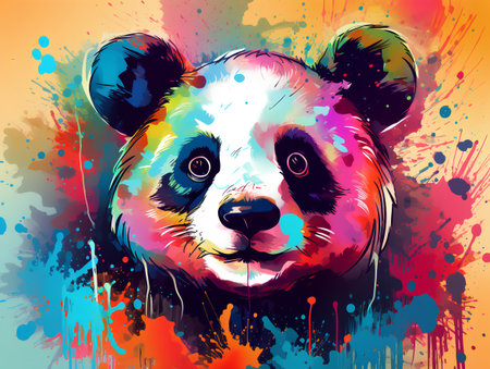 Panda bear with colorful splashes. Hand drawn vector illustration.の素材