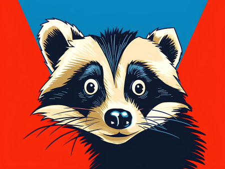 Vector illustration of a raccoon head on a red and blue background.の素材