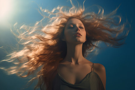Portrait of a beautiful girl with long flying hair on a blue backgroundの素材