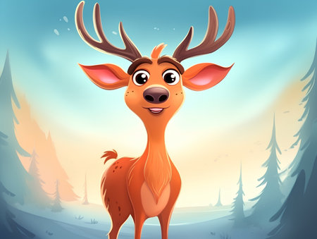 Vector illustration of Cute cartoon deer in the forest at sunset backgroundの素材