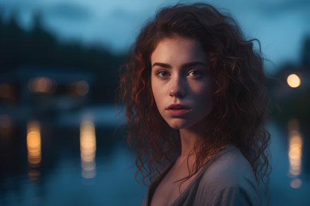 Portrait of a beautiful girl with red hair on the background of the night city.の素材