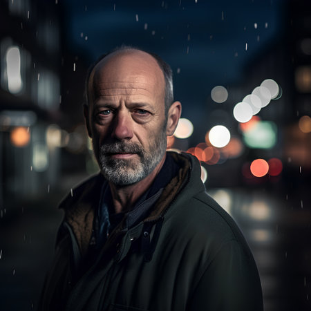 Portrait of a senior man standing in the rain at night.の素材
