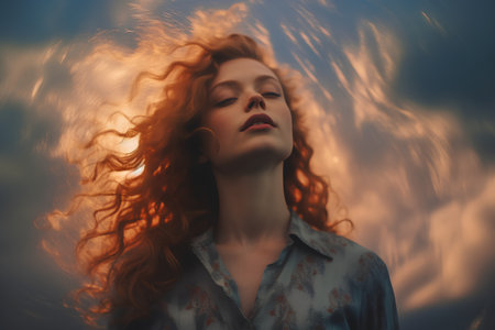 Beautiful young woman with long curly red hair in a blue shirt in the sunsetの素材