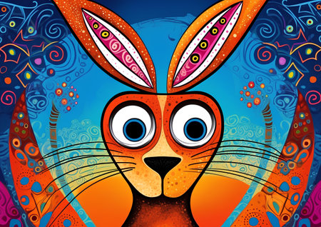 Vector illustration of a rabbit on a colorful background with abstract patterns.の素材