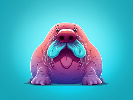 Cartoon walrus with a mustache. Vector illustration on a blue background.の素材