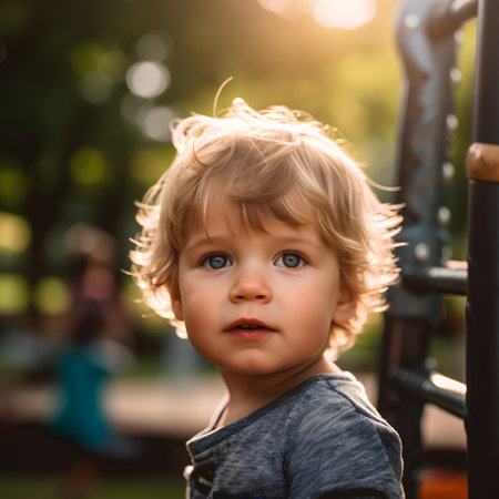 Portrait of a cute little boy with blue eyes on the playground.の素材